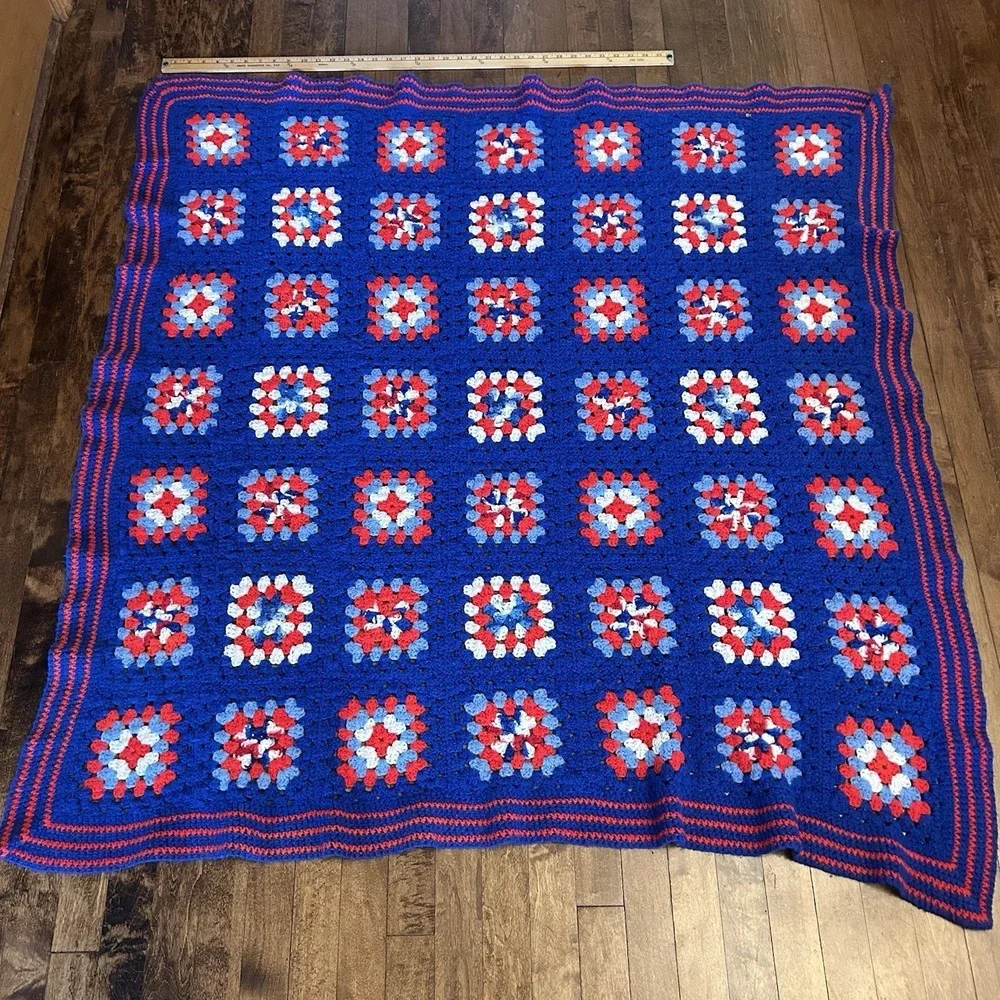 Vtg Handmade Granny Square Crochet Afghan Cottage Core 58